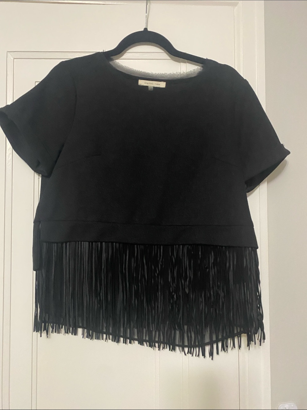 english rose Black Fringe Crop Top